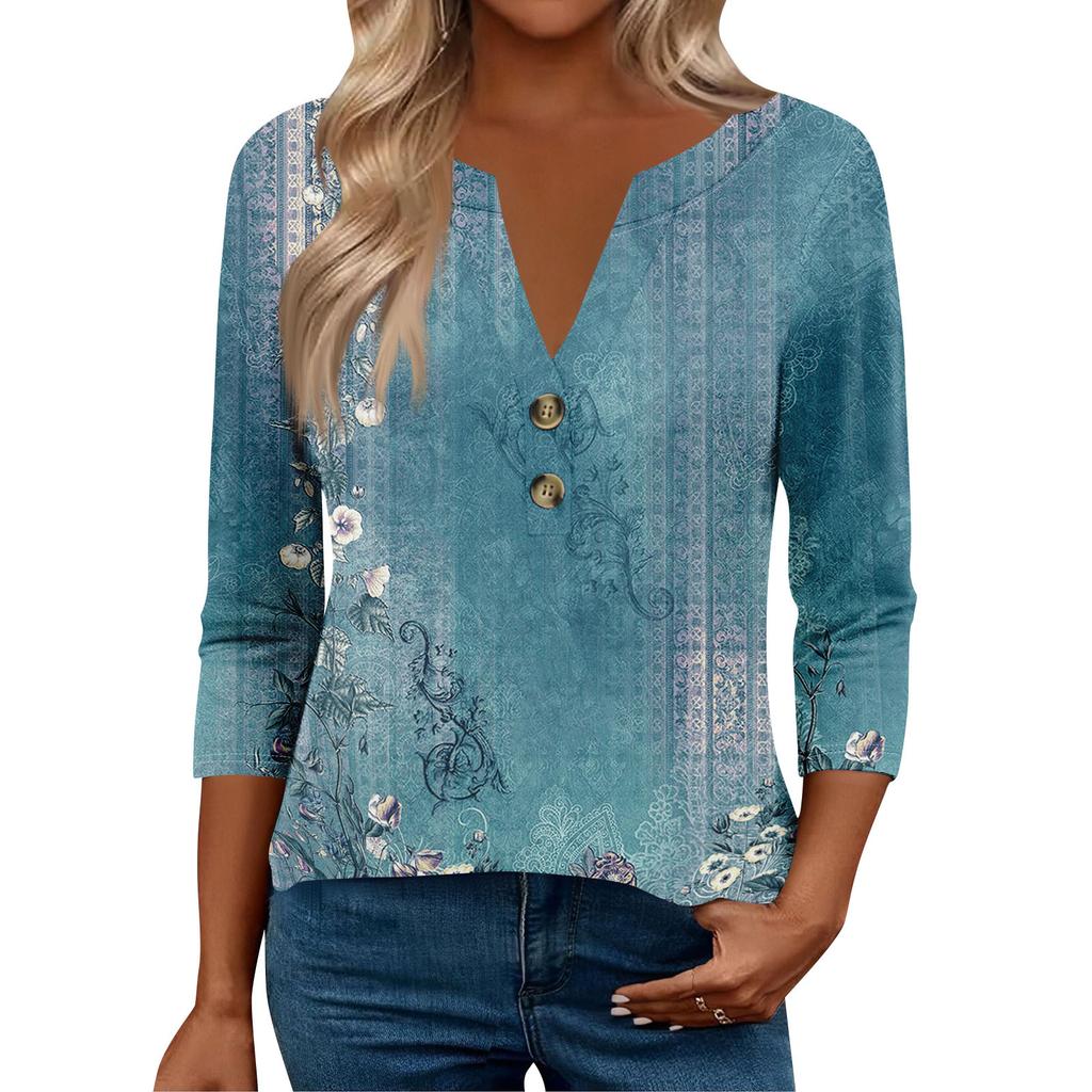 Женские топы с рукавом 3/4 для женщин, топы хенли на пуговицах с V-образным вырезом, нарядные летние женские топы свободного кроя