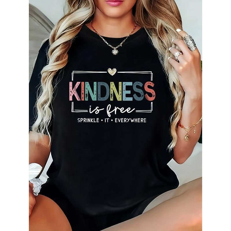 Женская футболка большого размера KINDNESS Радужный принт со слоганом Круглый вырез Короткий рукав Нежный повседневный топ