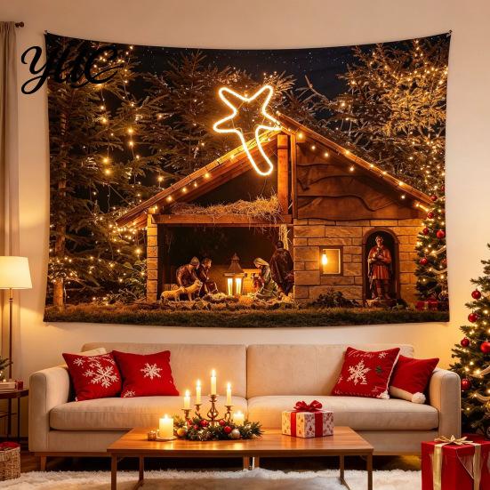 Wall Decor for Christmas Tapestry, Winter Snow Scene Backdrop, Xmas Tree Fireplace Backdrop Hanging Tapestry Bedroom Living Room Holiday Microfiber