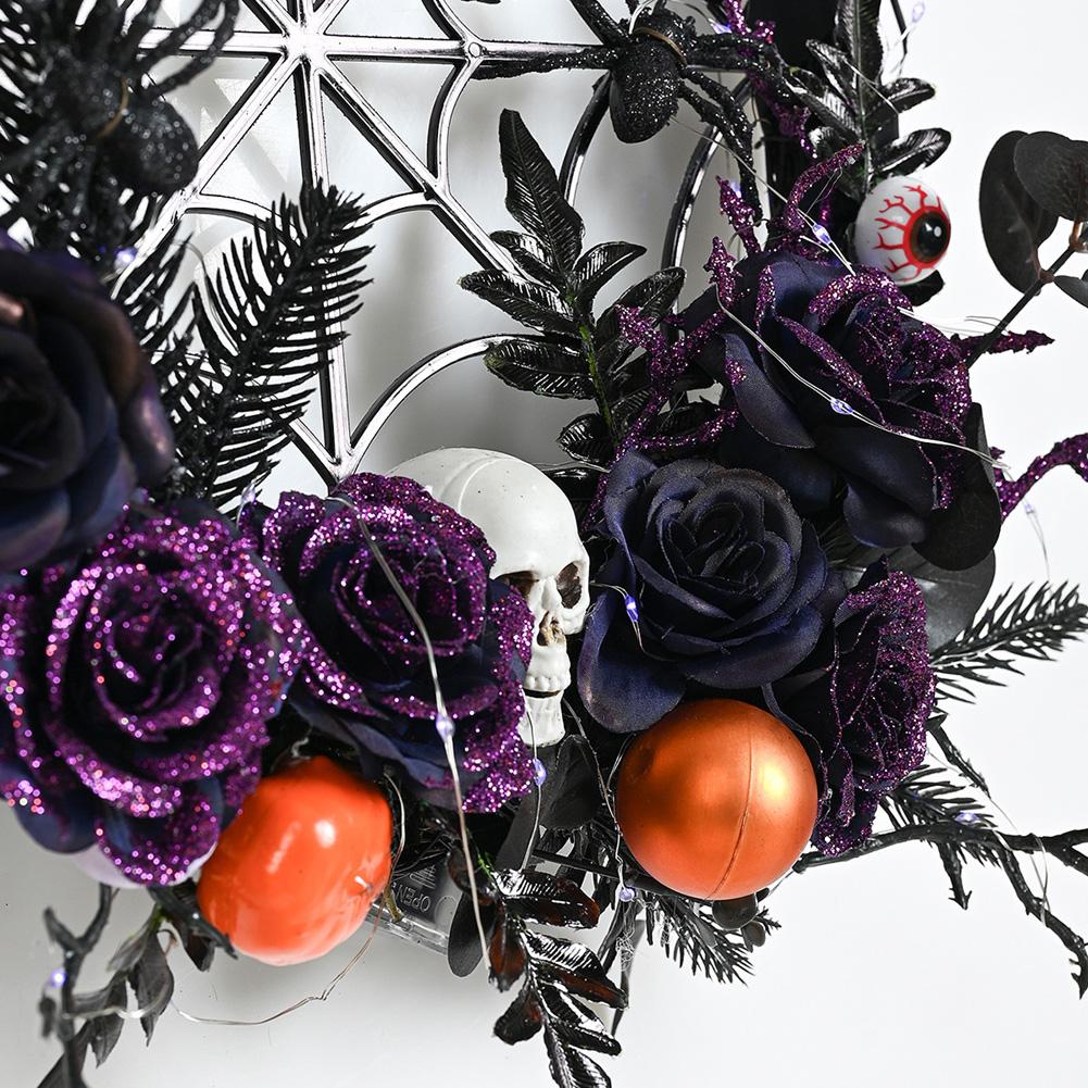 Halloween Wreath With Led Lights, Scary Halloween Rose Web Wreath Horror Skull Vine Wreath Decoration For Front Door Walls Fireplace Windows