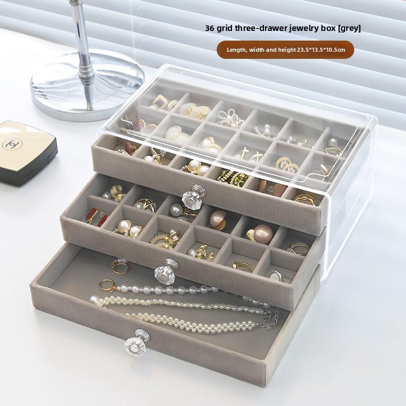 Three-layer Flannel Jewelry Storage Box, Earrings, Earrings, Storage Box, Jewelry Dust-proof Drawer Jewelry Box Storage