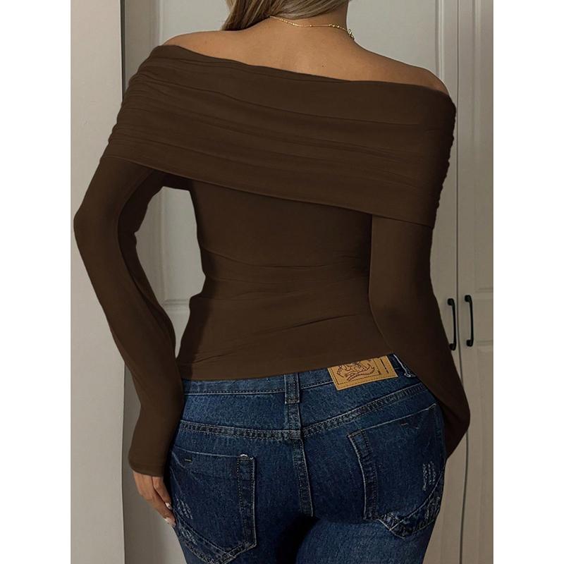 Повседневная однотонная базовая футболка с открытыми плечами для женщин, шикарный офисный стиль, пуловер с длинным рукавом, винтажная осенняя одежда