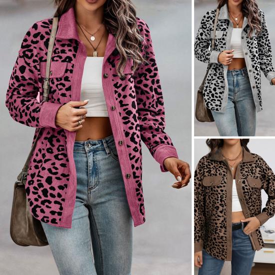 Women Spring Fall Coat Fake Chest Pocket Turn-down Collar Single-breasted Leopard Print Long Sleeves Mid Length Daily Wear Jacket