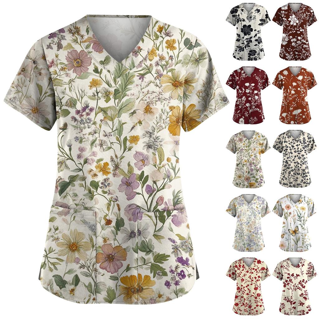 Women's Fashion Short Sleeve Fashion Vintage Floral Print V-Neck Pocket Workwear Tops