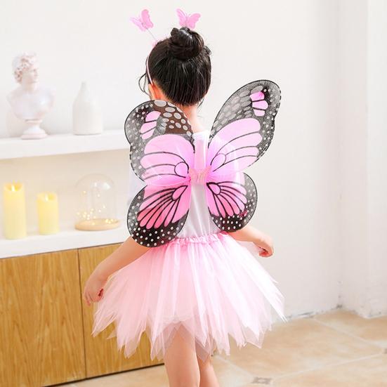 Children Skirt Set Headband Wand Simulation Butterfly Wings Elastic Waist Mesh A-line Skirt Princess Style Kids Party Dress Up Fairy Costume Set
