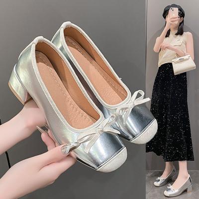 Балетки Удобные французские туфли на толстом каблуке среднего размера с квадратным носком Модные туфли с бантом