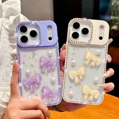 Блестящий бриллиант 3D жемчужный бант чехол для телефона для iPhone 17 AIR 16 15 14 13 Pro Max 17pro Гальваническое покрытие ТПУ Эпоксидная смола Противоударный Прозрачный чехол