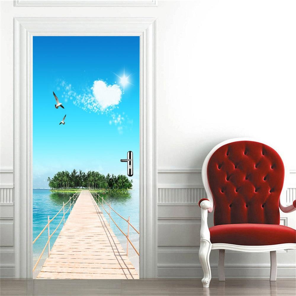 3d дверная наклейка, зеленые пальмовые растения, обои, самоклеящиеся, для входа, для дома, спальни, декоративные винилы, абстрактные линии, пейзажный постер