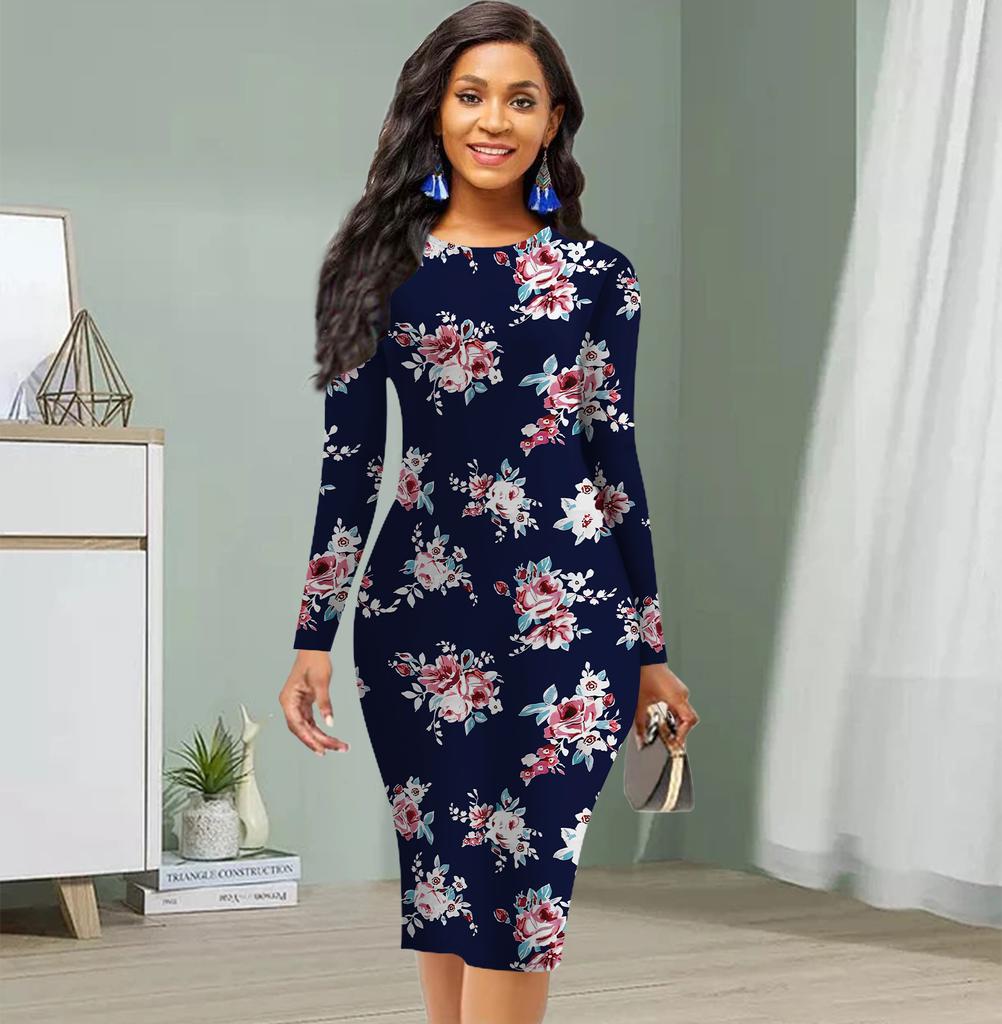 Long Sleeve Waist Tight Office Slim Fit Camellia Printing Elegant Bodycon Dress
