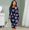 Long Sleeve Waist Tight Office Slim Fit Camellia Printing Elegant Bodycon Dress