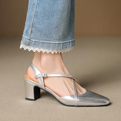 Мода 2025 Новые летние женские сандалии из натуральной кожи Женская обувь Острый носок Высокий каблук Мэри Джейн Закрытый носок Слингбэки Сандалии