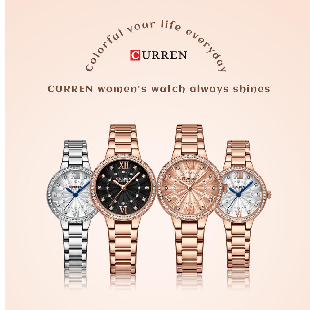 CURREN Кварцевые наручные часы для женщин, роскошные модные часы со стразами и розовым циферблатом, новинка с ремешком из нержавеющей стали