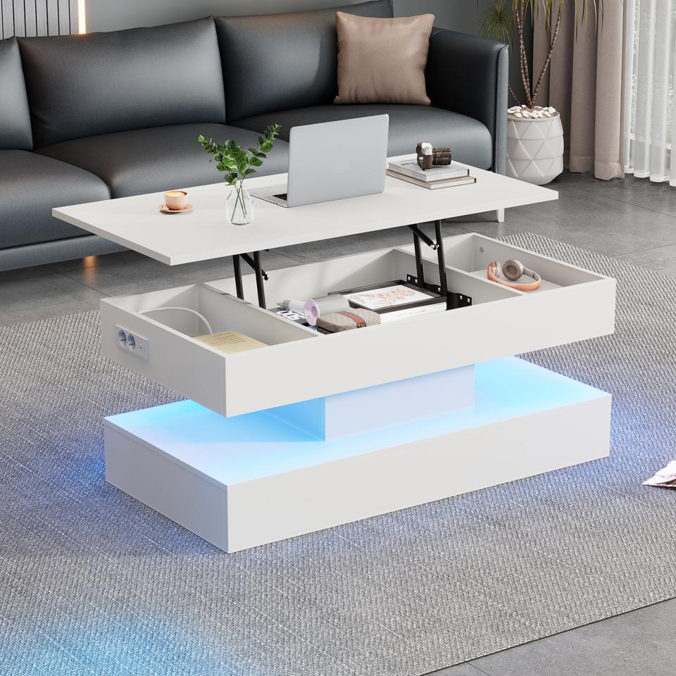 Modern Coffee Table with LED Lighting and Hidden Storage - Side Table with Hydraulic Lift, 100*50*42 cm, 50 kg Load Capacity
