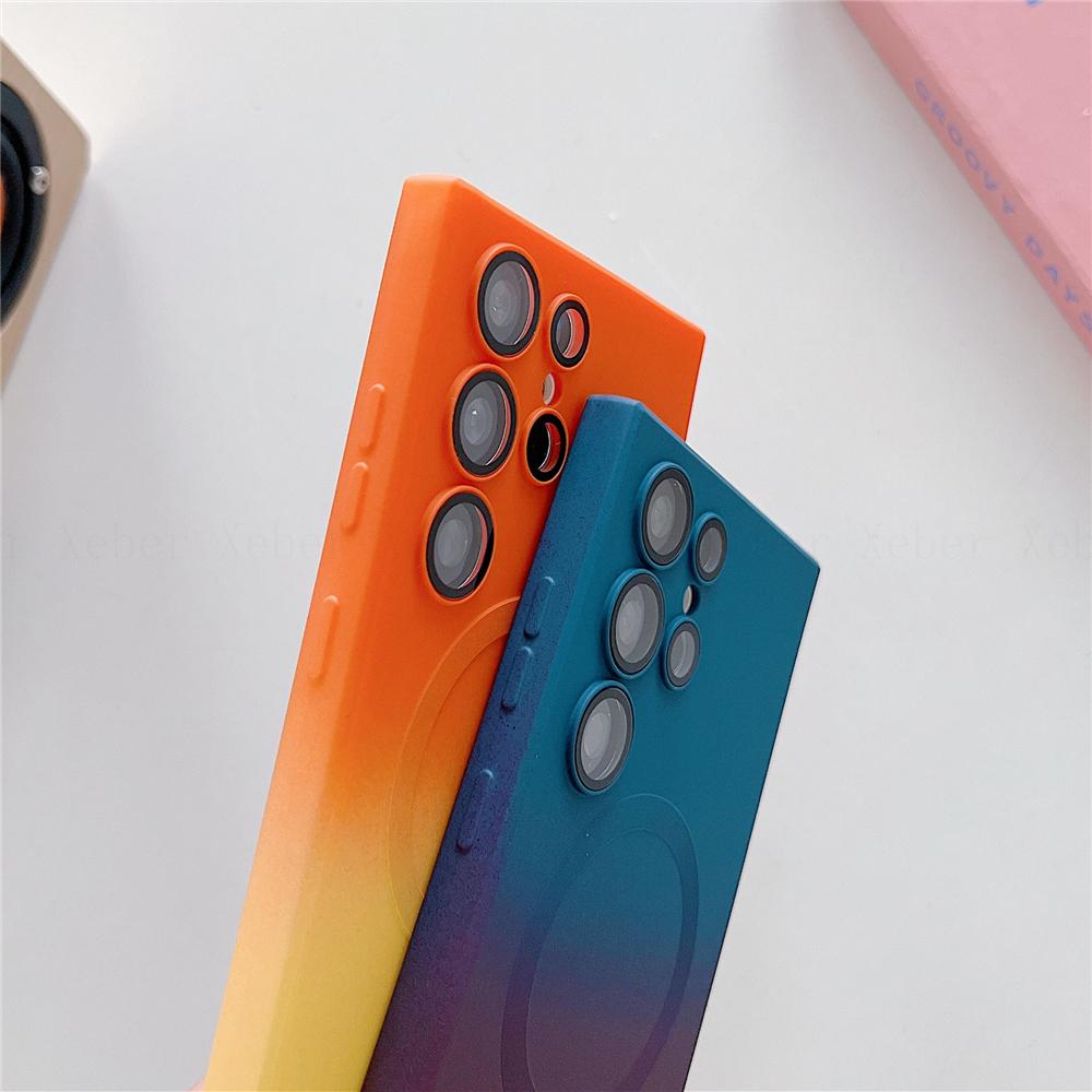 Necklace Magnetic Lanyards Wireless Charge Gradient Pattern Case For Samsung S23 S24 Ultra S22 Plus Silicone Cover For Iphone 15 14 13 12 11 Pro Max