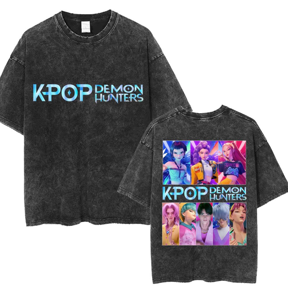 Стирка Kpop Аниме Охотник на демонов Huntrix Девушки Футболка Кавайная Милая Модная Унисекс Футболки Оверсайз Хлопок Винтажная Футболка