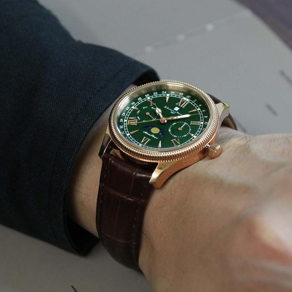 Часы Moon Phase Multi Calendar 5 ATM Water Resistant Business Formal Leather Belt Limited Model Pink Gold Green [Salvatore Mara] Men's SM24110-PGGR