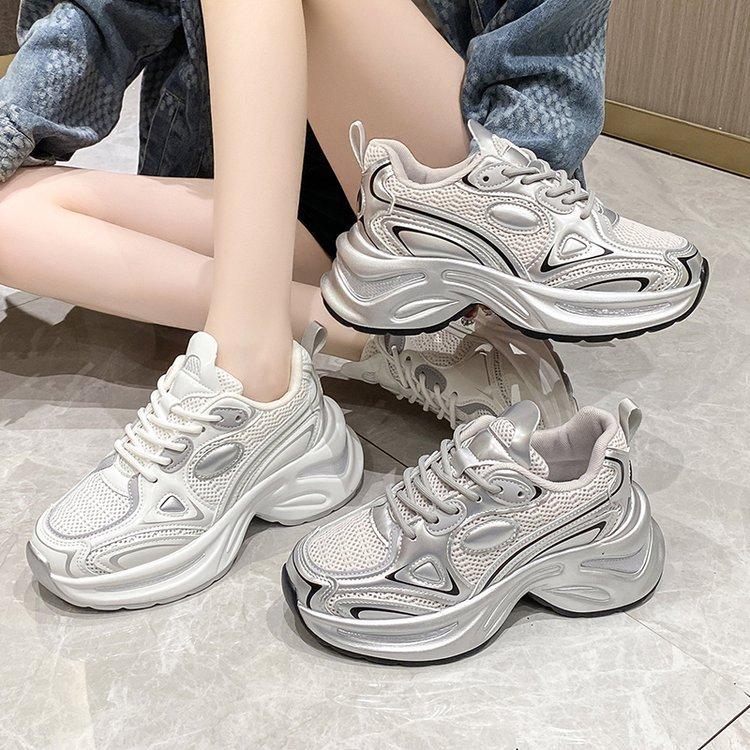 Туфли Pops на толстой подошве, женские летние сетчатые дышащие женские туфли, серебристые, увеличивающие высоту, повседневные спортивные туфли
