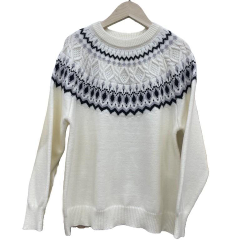Oversized Fair Isle Knit Sweater Women Soft Acrylic Pullover With Embroidery Crew Neck Long Sleeve