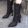 Pointed Toe Women Snow Mid Calf Boots Leather High Heels Shoes Elegant Woman 2025 Trend Pumps Winter New Mujer Chelsea Boots