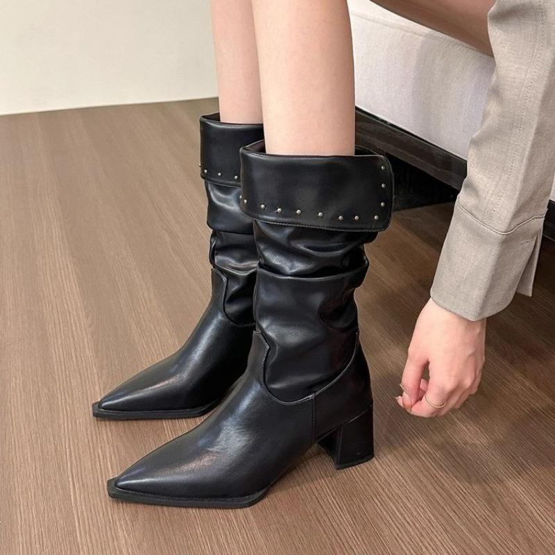 Мода 2024 Зима Новые женские сапоги до середины икры Массивные остроносые кожаные туфли Трендовые модные туфли-лодочки Женские туфли на высоком каблуке Snow Long