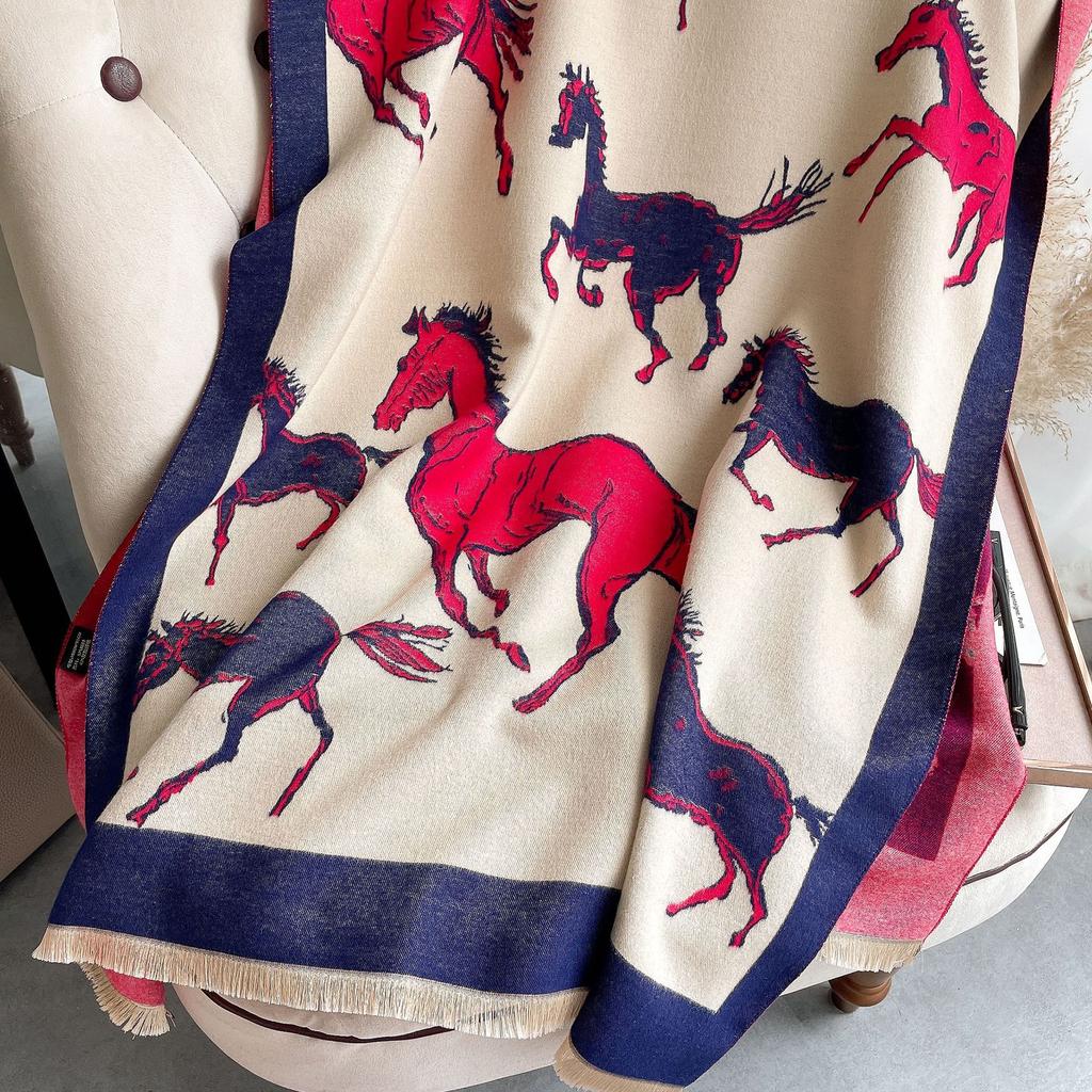 Elegant Autumn And Winter Versatile Horse Jacquard Imitation Cashmere Scarf Women'S Short Beard Tassel Travel Outside With Warm Scarf