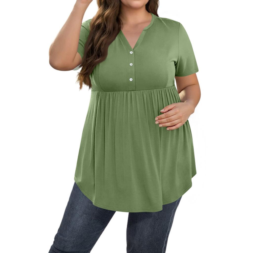 Women's Solid Color Large Size V Neck Button-Up Top Casual Short Sleeve Flowy Top