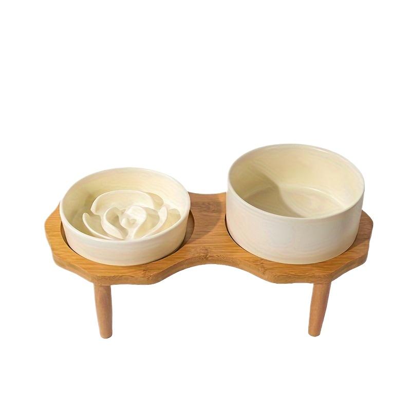 Bomei Ceramic Slow Feeder Dog Bowl - Anti-Choking & Anti-Spill Double Pet Bowls with Wooden Stand