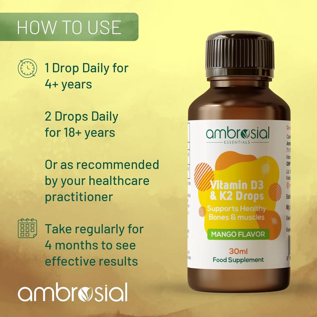 Ambrosial Vitamin D3 K2 Drops Жидкая добавка для взрослых и детей | Вкус манго (Упаковка 1-30 мл)
