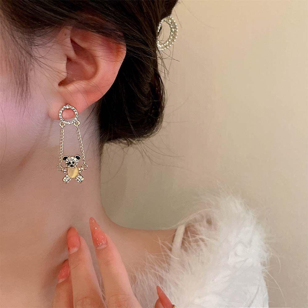 Silver Needle Rhinestone  Round Korean Style Bear Dangle Earrings Women Earrings Ear Studs