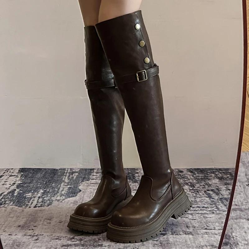 Модные женские кожаные высокие сапоги на платформе, туфли на плоской подошве, высокие сапоги до колена, женские трендовые зимние платья 2025 года, готические ретро-сапоги для снега, Mujer Botas