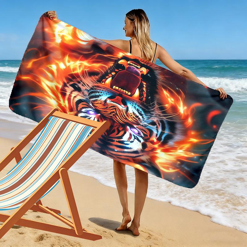 Stylish Tiger 2D Flat Print Beach Towel, Large Soft Quick Dry Towel for Beach Camping SwimmingZSTJ0915359