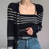 Autumn Trendy Retro Striped Knitted Sling Cardigan+Vest Slim Fit Short Long Sleeve Top Women Temperament Inner Wear Vest