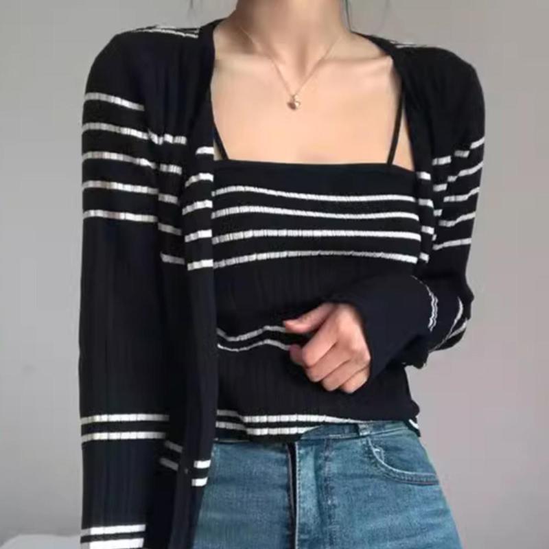 Autumn Trendy Retro Striped Knitted Sling Cardigan+Vest Slim Fit Short Long Sleeve Top Women Temperament Inner Wear Vest