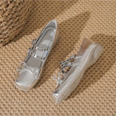 Модные серебристые туфли-балетки для рыбалки для женщин, носящих сказочный стиль, с бантом, квадратным носком, плоские туфли Мэри Джейн с юбкой и туфлями-лодочками