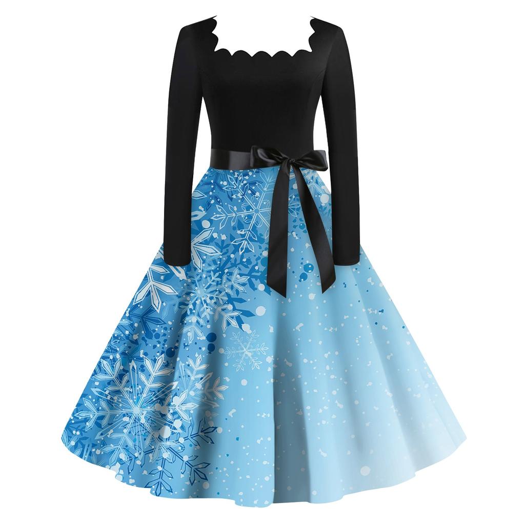 Women's Fashion Vintage Long Sleeve Square Neck Christmas Printed Evening Party Dresses Dresses