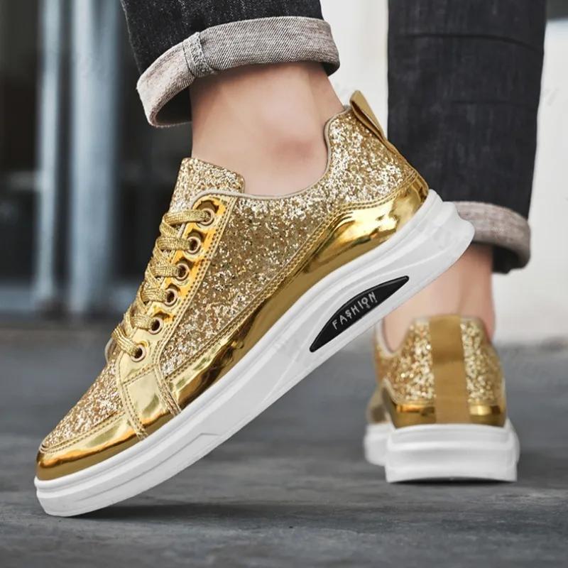 Gold Men's Sneakers 2025 New Luxury Fashion Skateborad Shoes Glitter Casual Shoes Men Platform Vulcanize Shoes Big Size Tenis