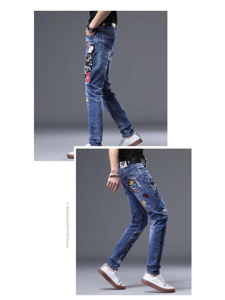 Мужские джинсы Slim Fit Graffiti в корейском стиле - модные летние узкие брюки с вышивкой