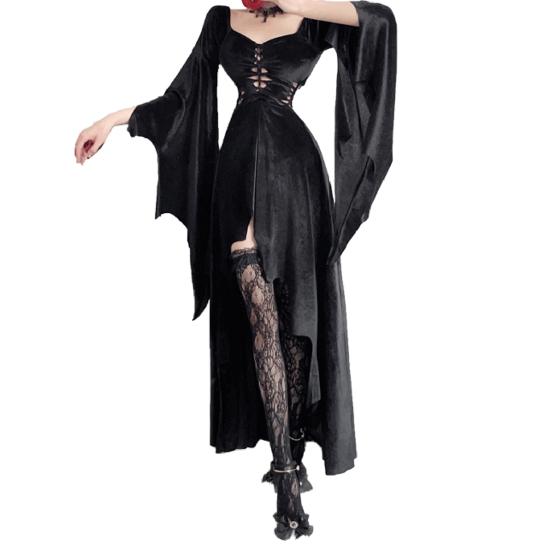 1 комплект, женское платье для косплея с ожерельем, повязка на голову и чулки, готический стиль, костюм ведьмы на Хэллоуин, ажурный костюм без воротника с длинными рукавами «летучая мышь»