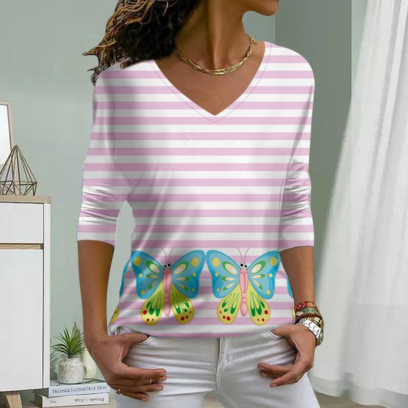 Rose Print Women Tshirts Ladies Tops Long Sleeve V-neck Pullover Femme T-shirts T Shirt For Women