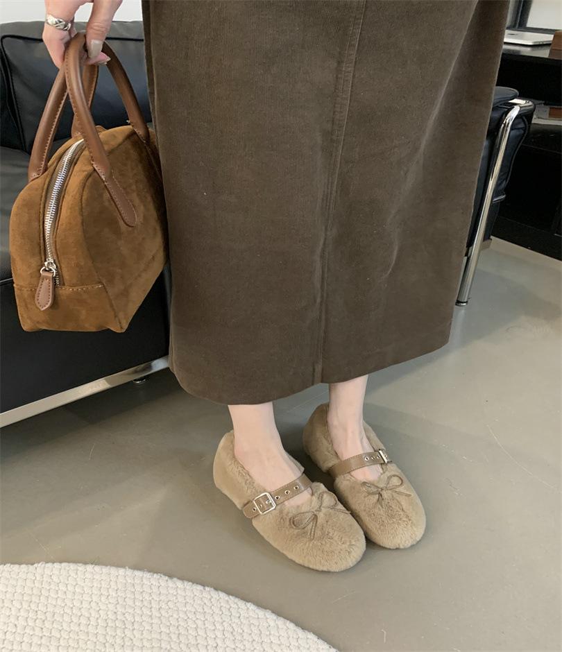2025 осень и зима удобные универсальные туфли из хлопка с круглым носком и мягкой подошвой, с бантом, ремешком с пряжкой, на плоской подошве, пушистые туфли