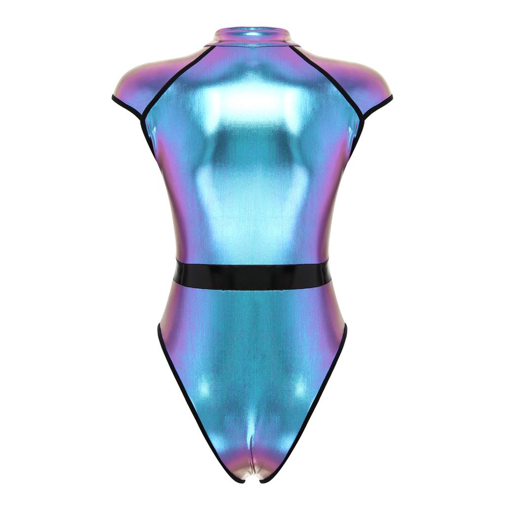 Женский костюм на Хэллоуин с блюдцем, мужской костюм для ролевых игр, боди на молнии спереди с высоким вырезом, комбинезон из лакированной кожи с высоким вырезом