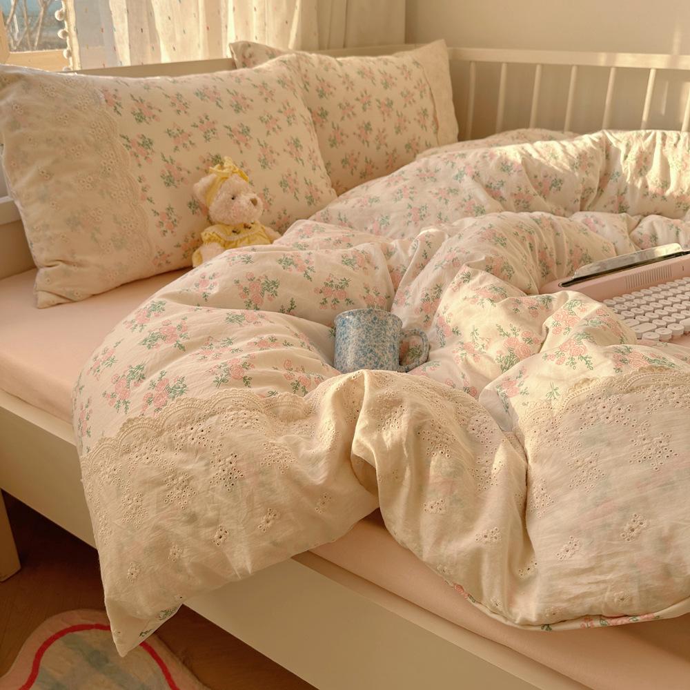 French double-layer yarn washed cotton bed four-piece set 1.8 quilt cover dormitory three-piece set princess wind mattress model