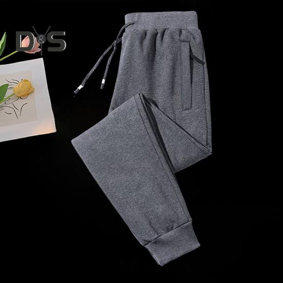 Winter Men Pants Thick Plush Drawstring Elastic Waist Heat Retention Zipper Pockets Plus Size Ankle-banded Solid Color Warm Sport Travel Work Trousers
