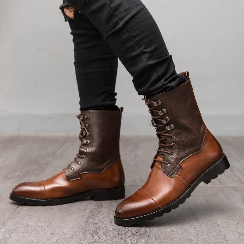 38-48 Denim Boots Men Brown Spliced High Cut Lace Up Business Fashionable High-quality Chelsea Boots Outdoor Training Boots