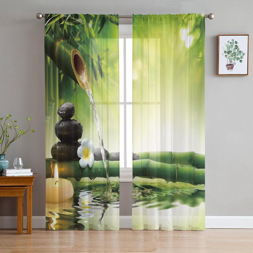 Zen Stones Orchids Flower Green Bamboo Tulle Curtains for Living Room Bedroom Decor Transparent Sheer Voile Window Curtain