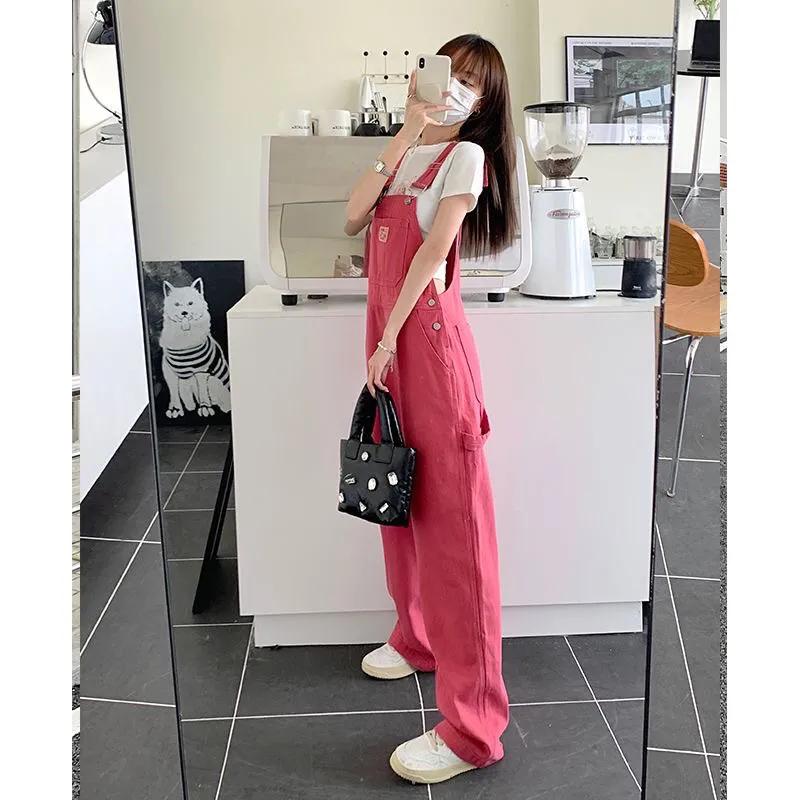 Design Sense Pink Denim Overalls Women's Summer Thin Net Red Niche Slim Casual Straight Wide-leg Pants