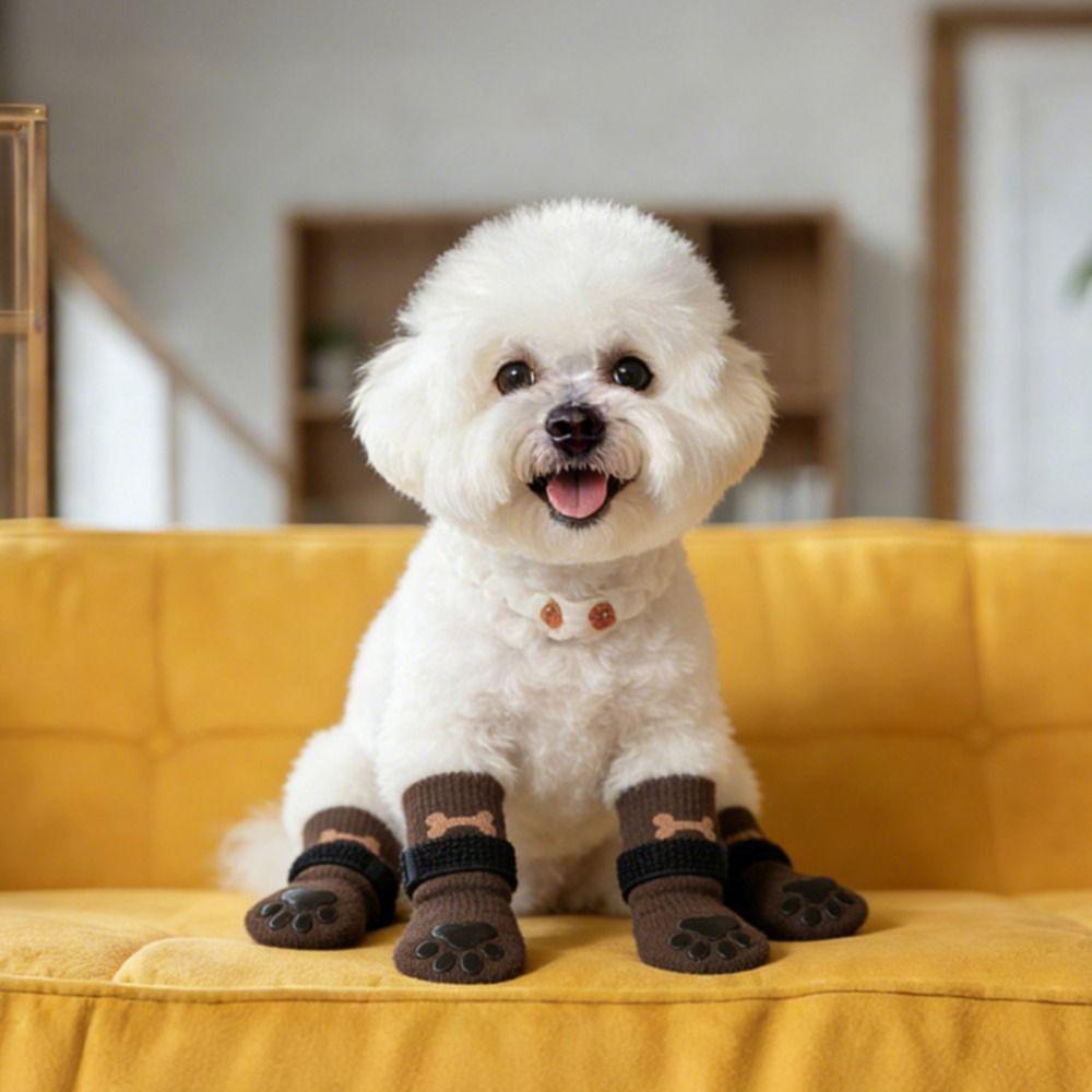 Anti-Slip Cozy Dog Socks Adjustable Band Anti-Scratch Noiseless Knitted Socks Strong Grip Anti-dirt Dog Paw Covers Wooden Floors