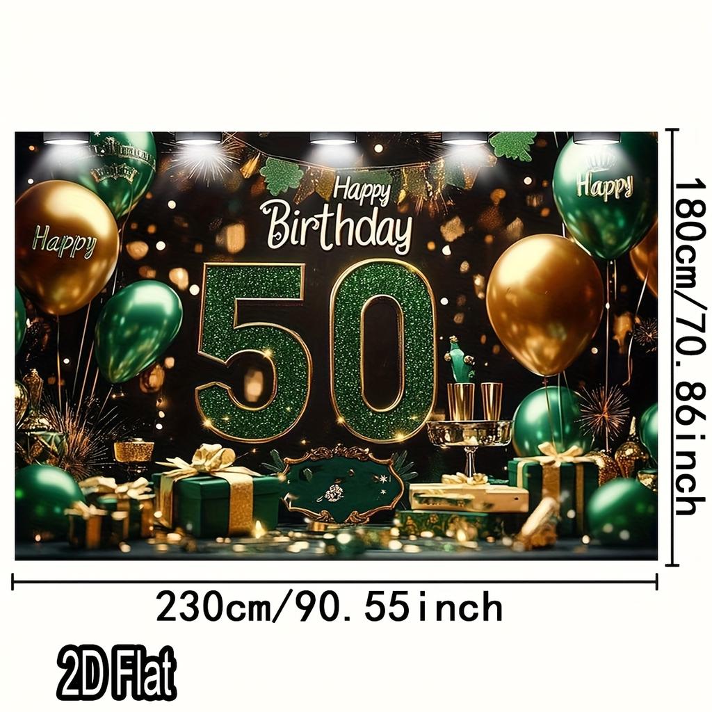 1pc 2D flat banner for 50th birthday Party banner decoration - Sparkling gold and green polyester background with balloons