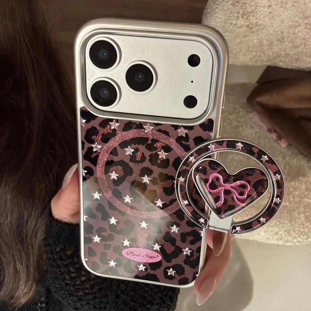 Leopard print bow case suitable for Apple 17 Pro Max, 13 gold-plated magnetic stand, iPhone 16 sweet and cool 15