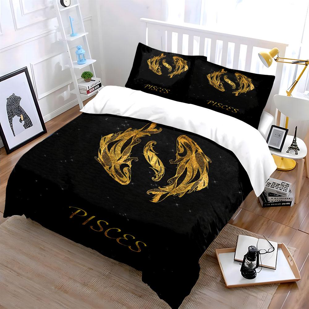 Gold Pisces Zodiac Bedding Set Bedding Duvet Cover Set Duvet Cover Pillowcases (1 * Duvet Cover 2 * Pillowcases, without duvet insert)